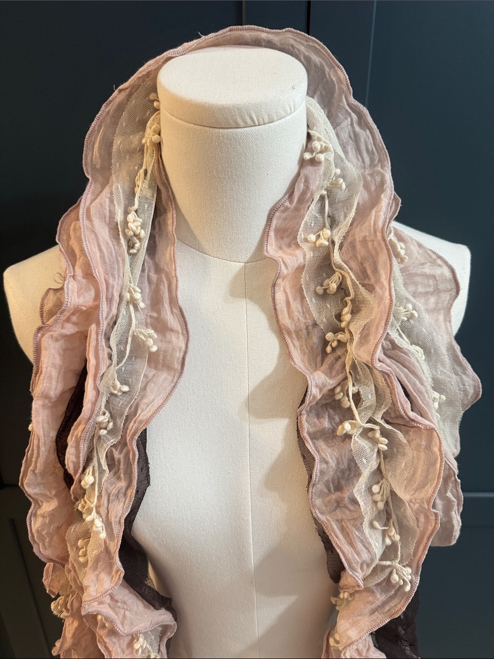 Light Pink Ruffled Scarf with Cream Floral Trim - Women Accessories